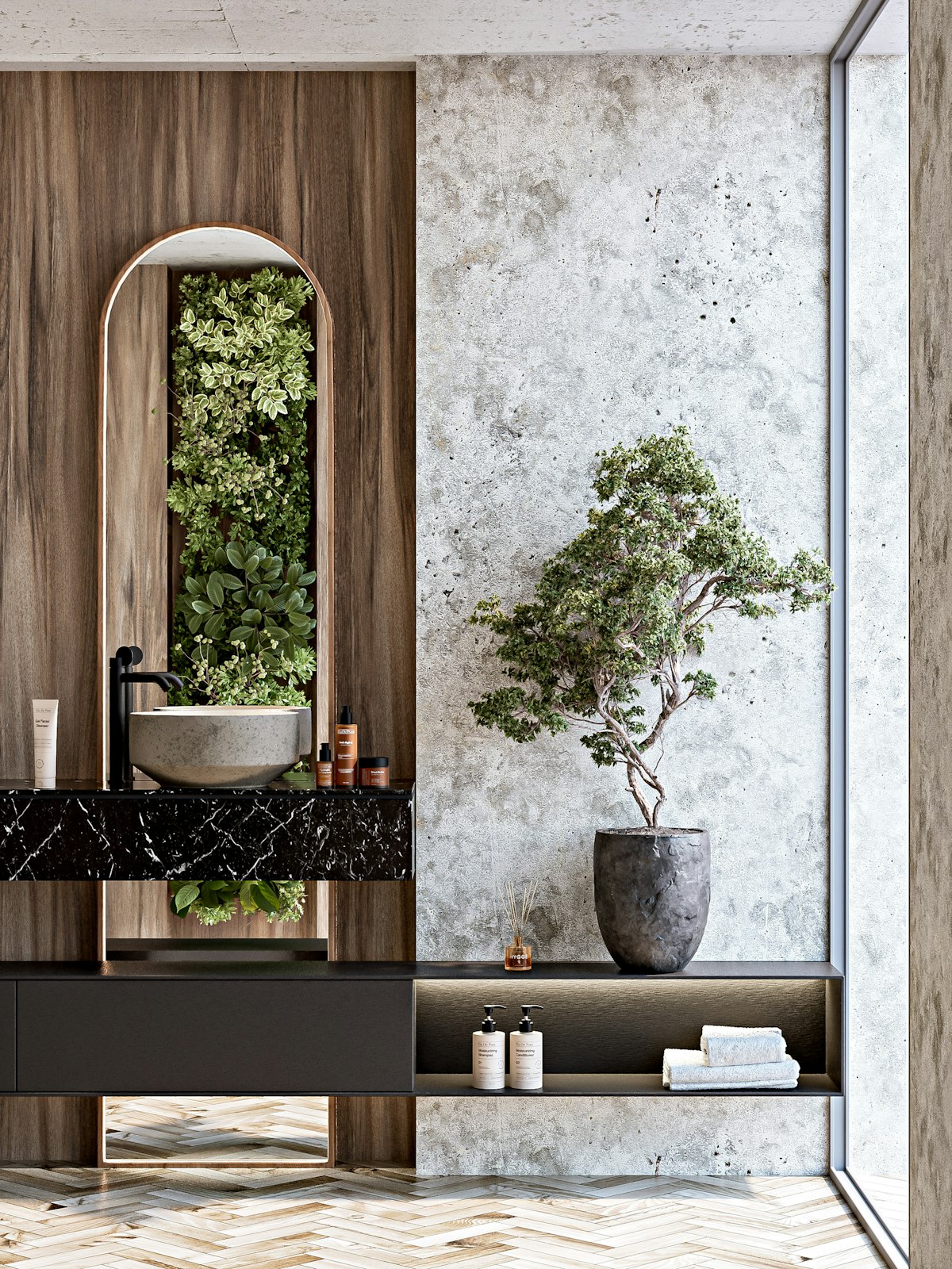 Imagem ilustrativa licenciada de um lavabo contemporâneo com vegetação